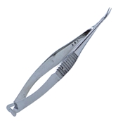 Vannas Curved Capsulotomy Scissors, Serrated Handle With Polished Finish, 6mm Blades, Sharp Pointed Tips, 8mm Mid Screw To Tip, And Overall Length Of 3 1/8" (80mm) 